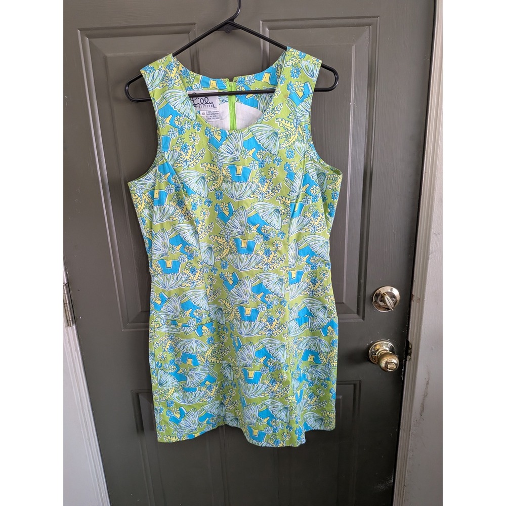 Lilly Pulitzer Vintage 90s Floral Shift Dress Lime Green Blue White Sz 10